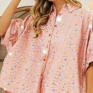 BiBi Sequin Striped Short Dolman Sleeve Blouse